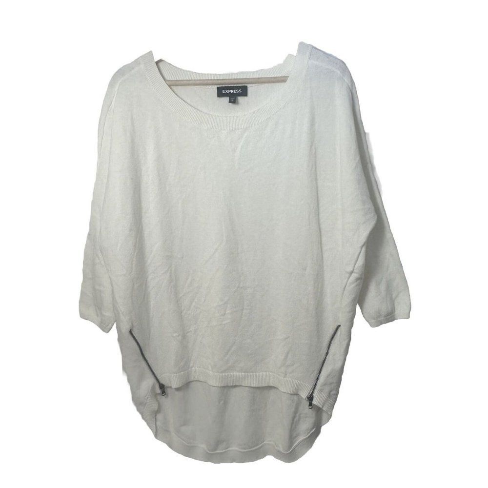 Express Sweater Womens Medium Cream Dolman Sleeve Relaxed High Low Zipper Y2k